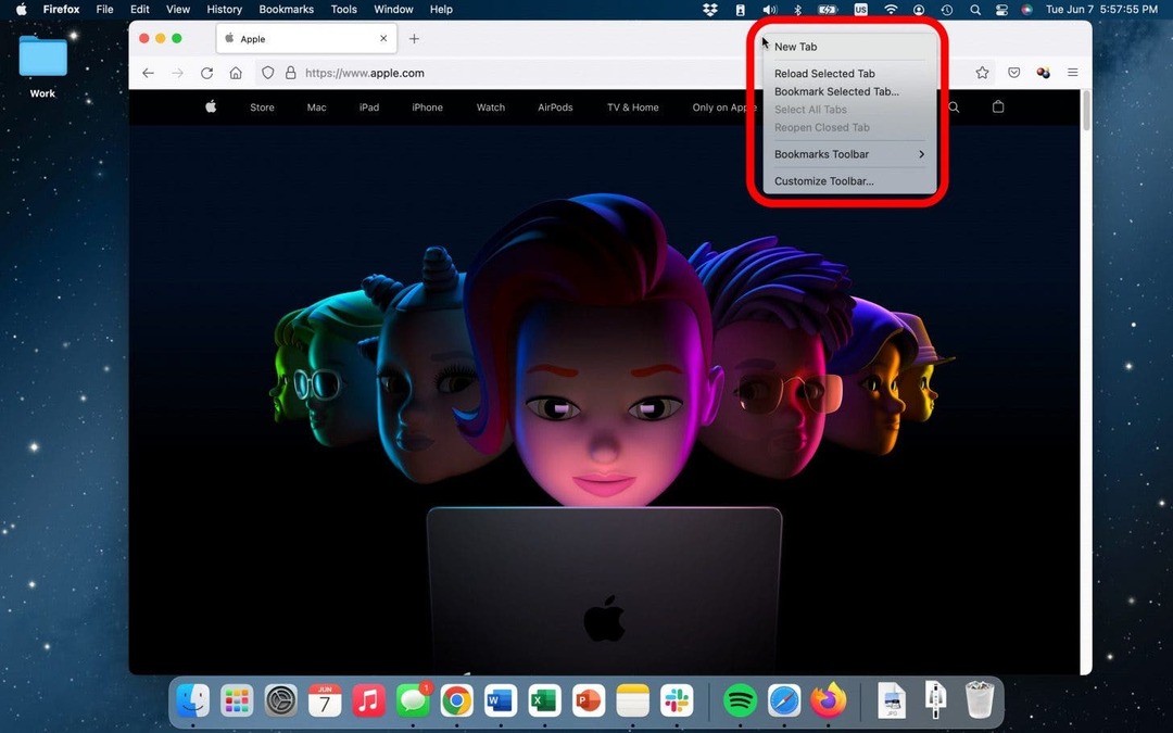 Passa alla pagina di cui desideri eseguire lo screenshot in Firefox e fai clic con il pulsante destro del mouse sulla parte superiore del browser.