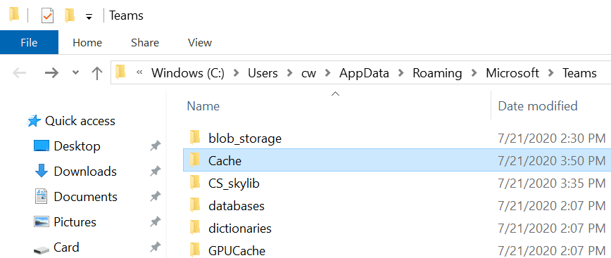 dossier de cache des équipes Microsoft