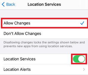 परिवर्तन विकल्प की अनुमति दें और स्थान सेवाओं पर टॉगल करें