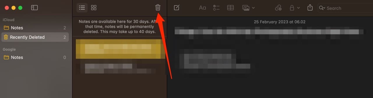 Valige prügikasti ikoon Apple Notes Screenshot