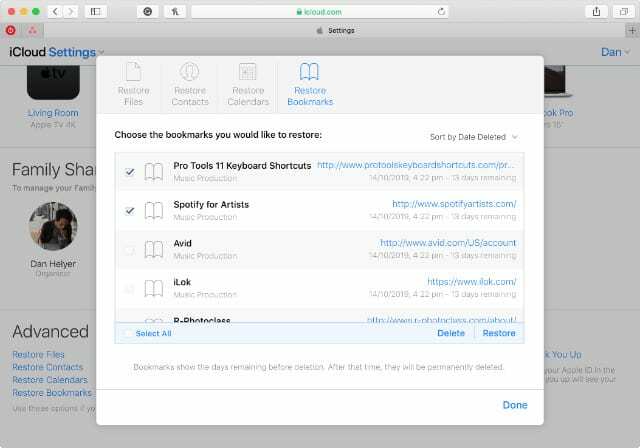 Segnalibri di Safari nel sito Web di iCloud