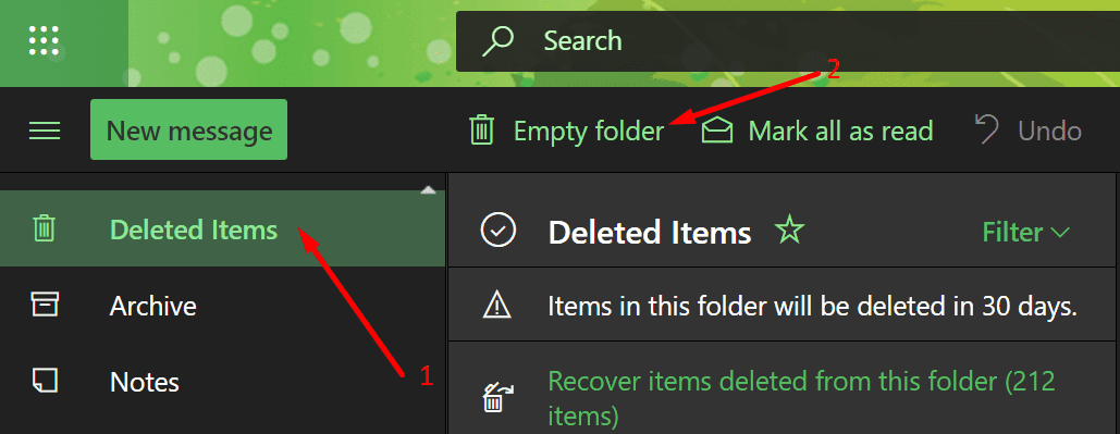 Outlook folder item yang dihapus kosong