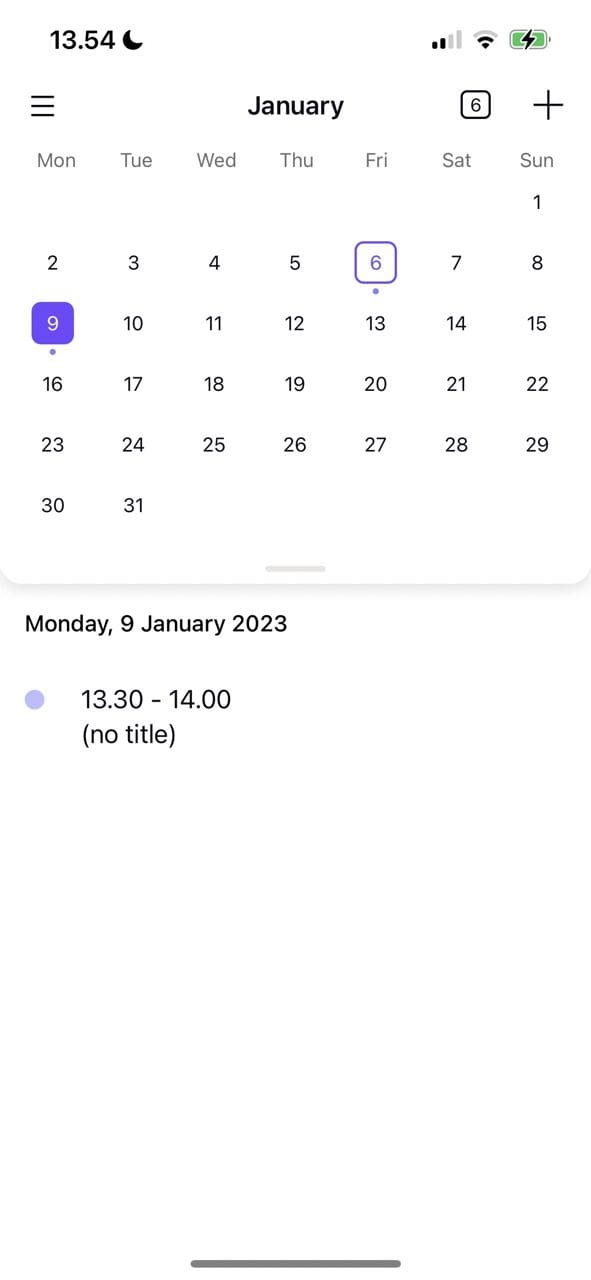 Cuplikan layar menampilkan ikhtisar kalender di Kalender Proton