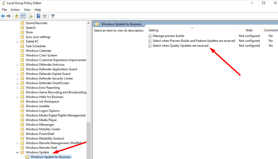 Виберіть Коли надходять оновлення якості windows 10 gpedit
