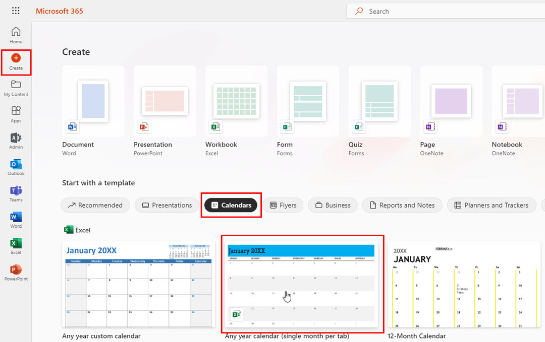 Получаване на шаблон за календар на Excel 2023 от раздела Създаване на Microsoft 365