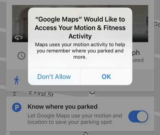 Tillåt Google Maps att få åtkomst till din iPhone Motion and Fitness Activity för parkerad bil