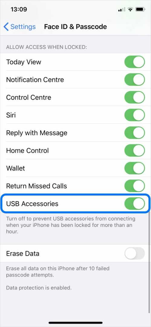 USB सहायक उपकरण iPhone सेटिंग