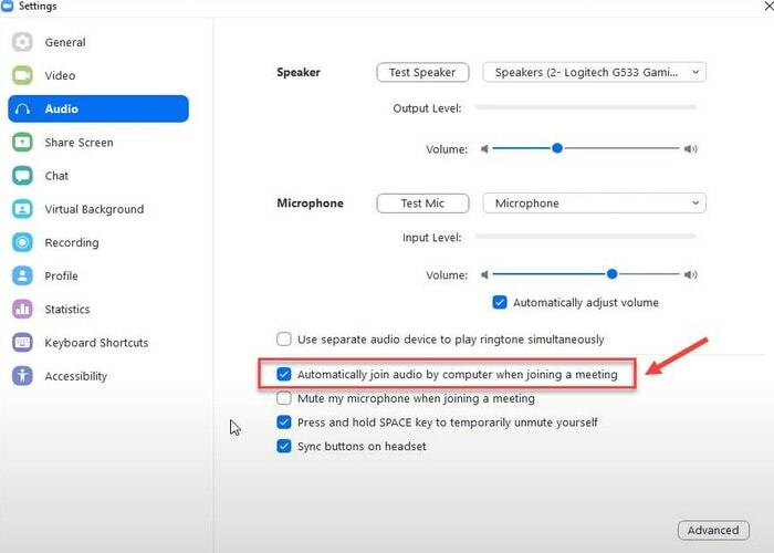 Unirse automáticamente al audio desde la computadora al unirse a una reunión en la pestaña Audio