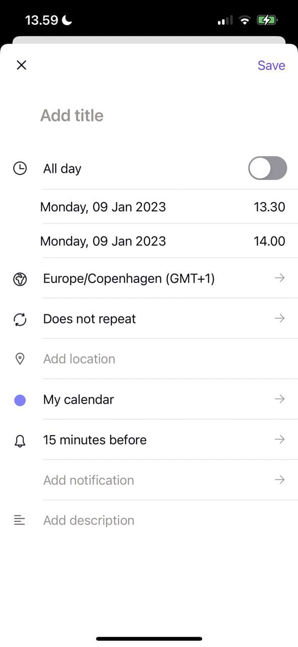 Capture d'écran montrant différents paramètres pour un événement dans Proton Calendar