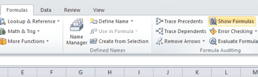 Schaltfläche " Formeln anzeigen" in Excel 2010
