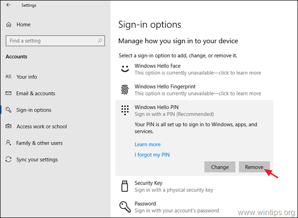 Odstranite PIN za Windows 10