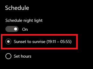 pasirinkite parinktį Saulėlydis iki saulėtekio