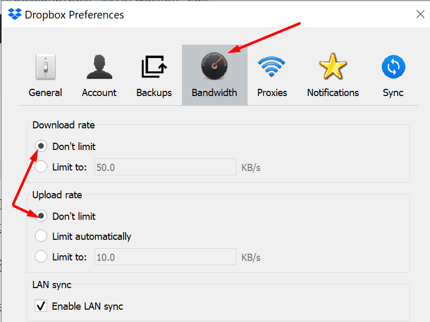 dropbox ladda upp nedladdningsbandbreddsinställningar