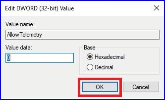 ערוך ערך DWORD AllowTelemetry