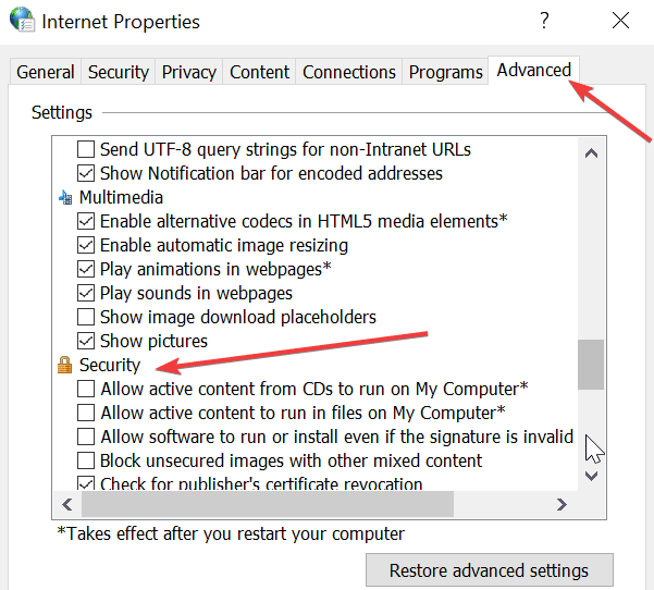 インターネットオプション高度なセキュリティ