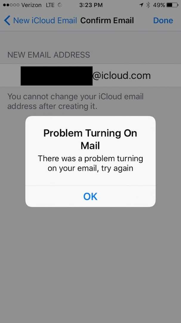 Pašto įjungimo klaidos pranešimo „iPhone“ ekrano kopija