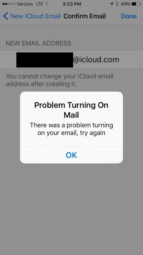 Captura de pantalla del mensaje de error Problema al encender el correo en iPhone