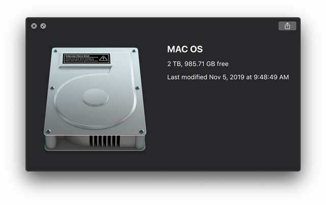 vista previa de la capacidad y disponibilidad de almacenamiento en disco de Mac