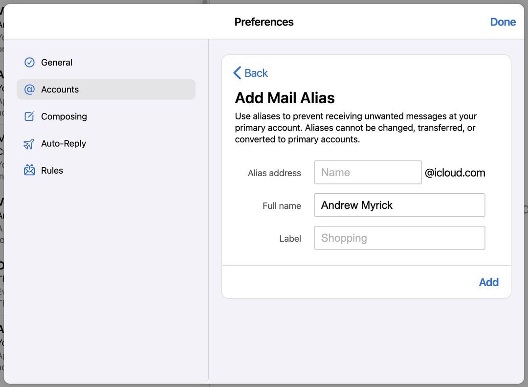 E-mailalias gebruiken voor iCloud Mail op het web -2