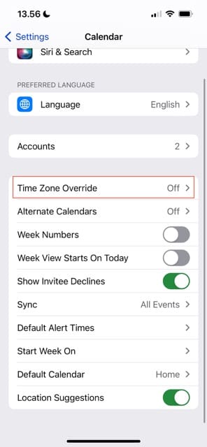 Alternativ för åsidosättande av tidszon Apple Calendar Skärmdump