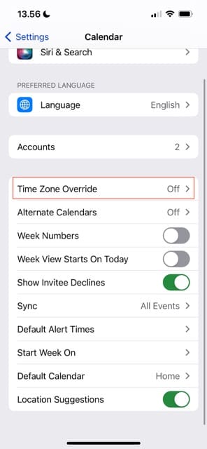 Tidssoneoverstyringsalternativ Apple Calendar Skjermbilde