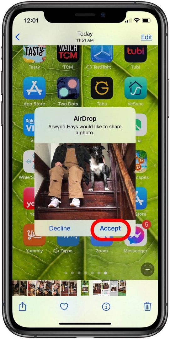 klepnutím na přijmout uložíte fotografii air drop