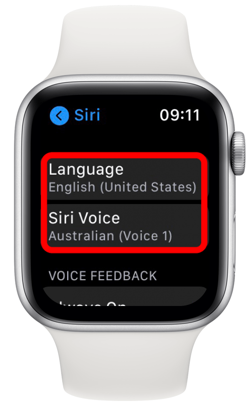 Rulla ned för att se dina inställningar för språk och Siri Voice.