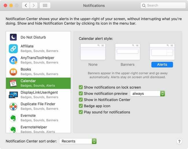 Paramètres du centre de notifications Mac