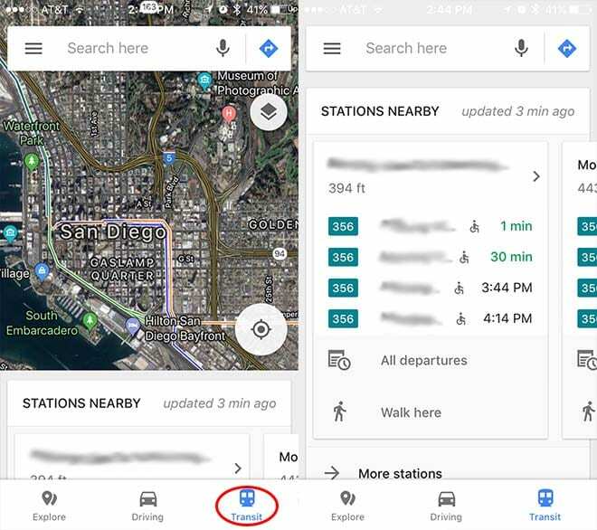 Informations sur les transports en commun de la barre d'exploration de Google Maps