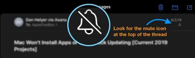 Finden Sie stummgeschaltete E-Mail-App-Threads, indem Sie nach dem Symbol für die Stummschaltung einer Glocke mit einem Strich suchen