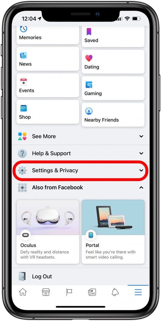 เลื่อนลงไปแตะการตั้งค่าและความเป็นส่วนตัวบน Facebook