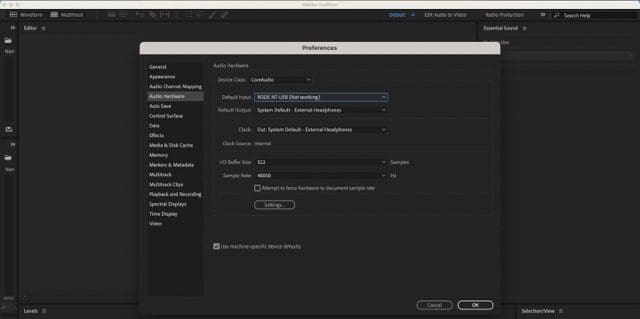 Snímek obrazovky zobrazující tlačítko OK pro Adobe Audition na Macu