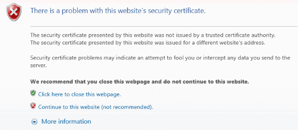 웹 사이트 보안 인증서의 IE 문제