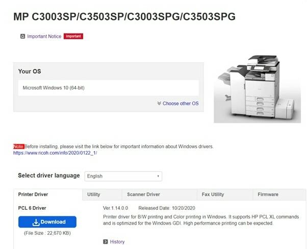 Descargar el controlador de impresora Ricoh MP C3003