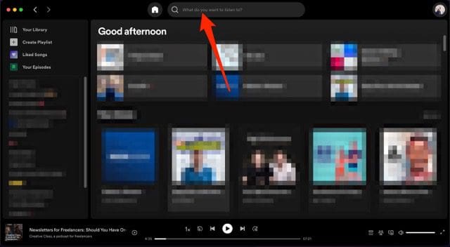 Capture d'écran montrant le nouvel onglet de la barre de recherche sur Spotify pour Mac