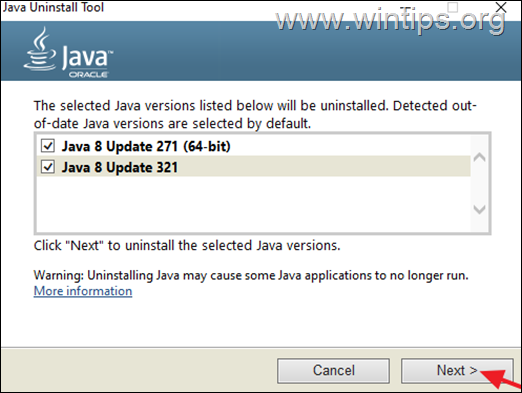 Java-asennuksen poistotyökalu