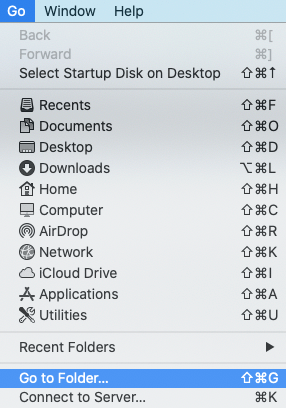 გახსენით Finder და დააჭირეთ Go, შემდეგ გადადით Folder-ზე მენიუს ზოლში