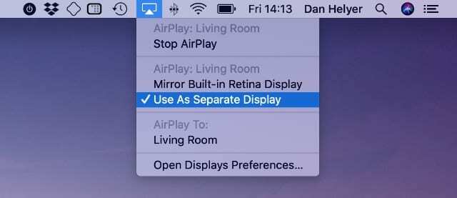 Configurações da barra de menu do AirPlay na tela do MacBook