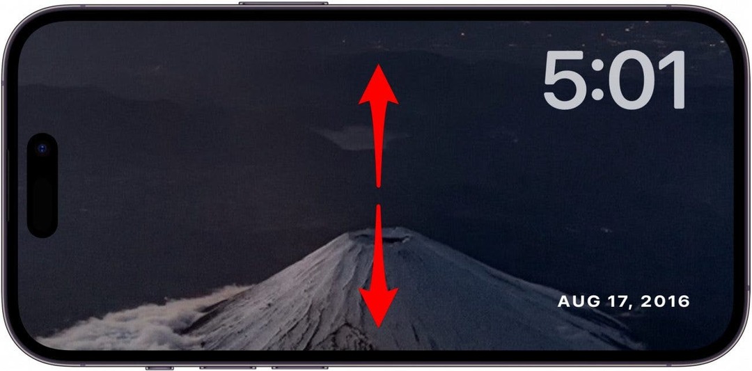 iPhone-ის ლოდინის რეჟიმში ფოტოების ეკრანი წითელი ისრებით ზემოთ და ქვევით მიმართული, რაც მიუთითებს ეკრანზე ზევით ან ქვევით გადაფურცელზე