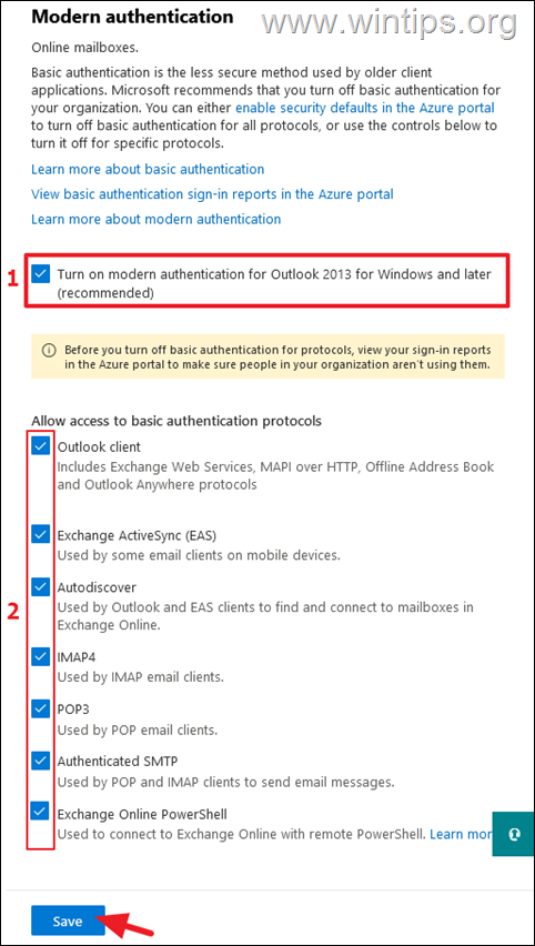 abilitare il moderno centro di amministrazione di Office 365 per l'autenticazione di base