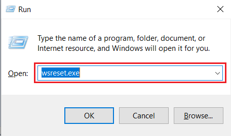 Πληκτρολογήστε wsreset.exe στο Run Box