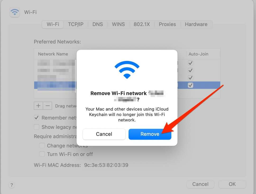 Cuplikan layar menunjukkan cara menghapus jaringan wi-fi di Mac