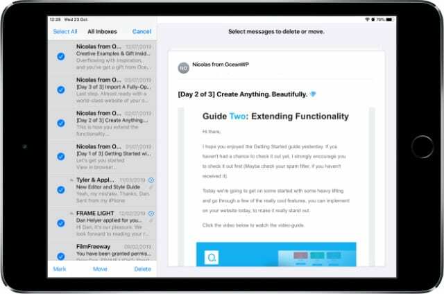 Toate e-mailurile selectate pentru a fi șterse în aplicația iPad Mail