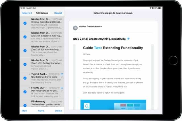 ყველა ელფოსტა არჩეულია წასაშლელად iPad Mail აპში