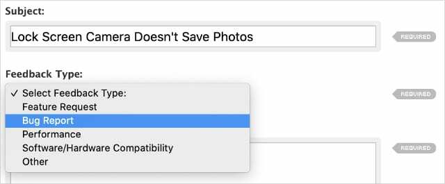 A tárgy és a visszajelzés típusa opciók az Apple Feedback webhelyről