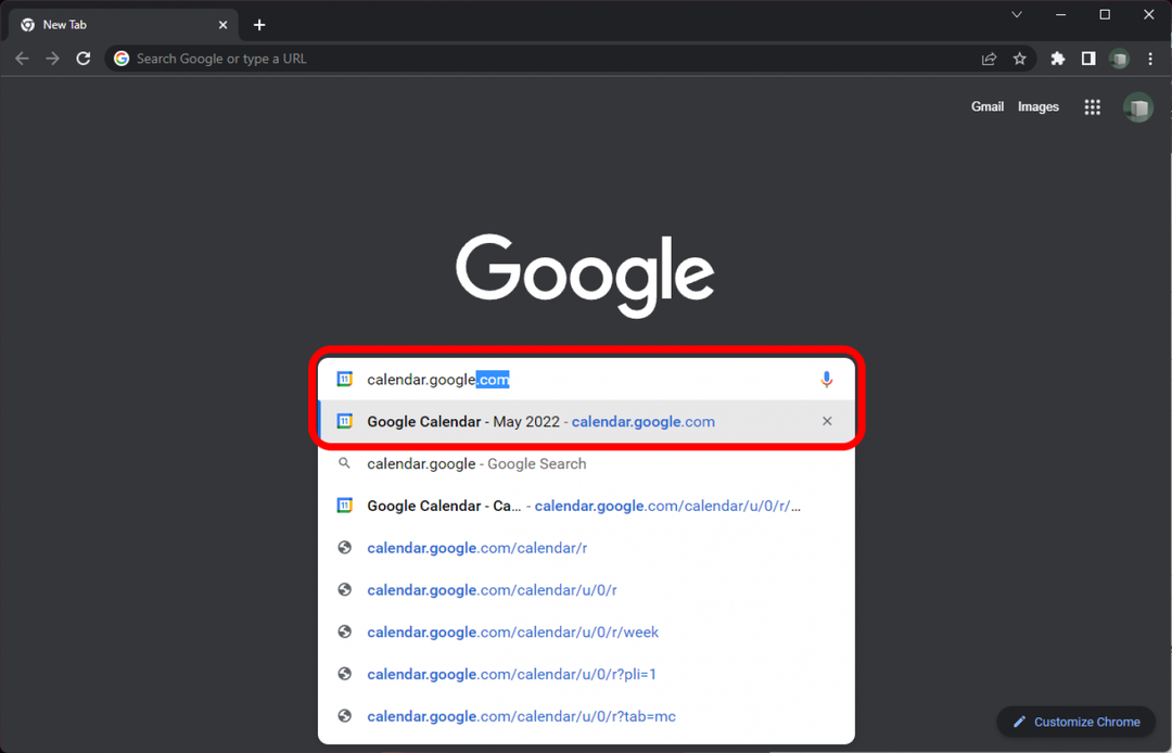 Chrome met het adres voor Google Agenda in de adresbalk gemarkeerd.