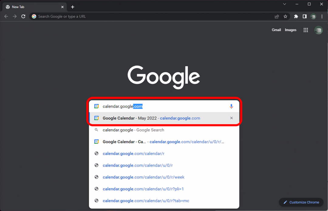 تم تمييز Chrome بعنوان تقويم Google في شريط العناوين.