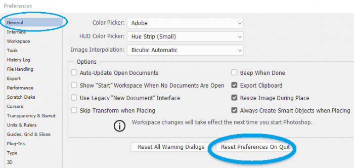 resetați preferințele la ieșirea din Photoshop