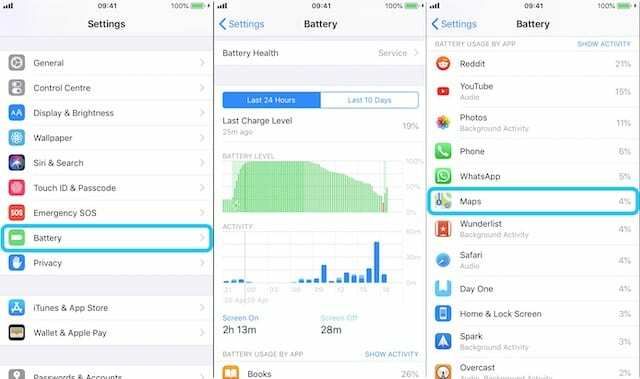 Page d'utilisation de la batterie de l'iPhone.