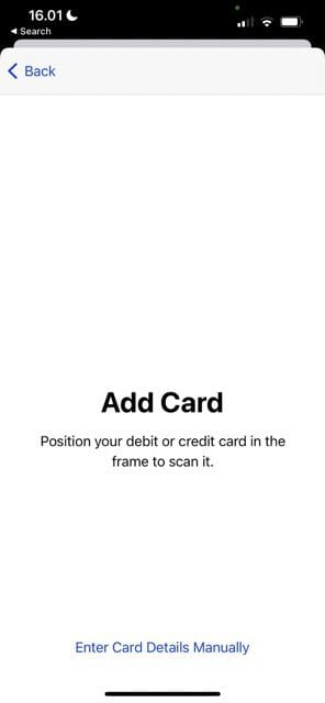 captura de pantalla que muestra la pantalla de agregar tarjeta en Apple Pay